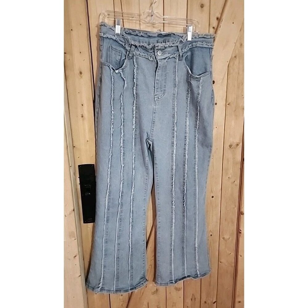 Frayed Patchwork High Waist Bell Bottom Flare Leg Womens Light Wash Jeans Sz 3X